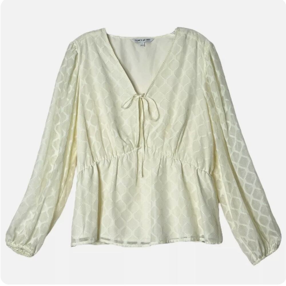 Elizabeth and James Cream Peplum Long Sleeve Peasant Blouse V-Neck Tie‎ Front Sm